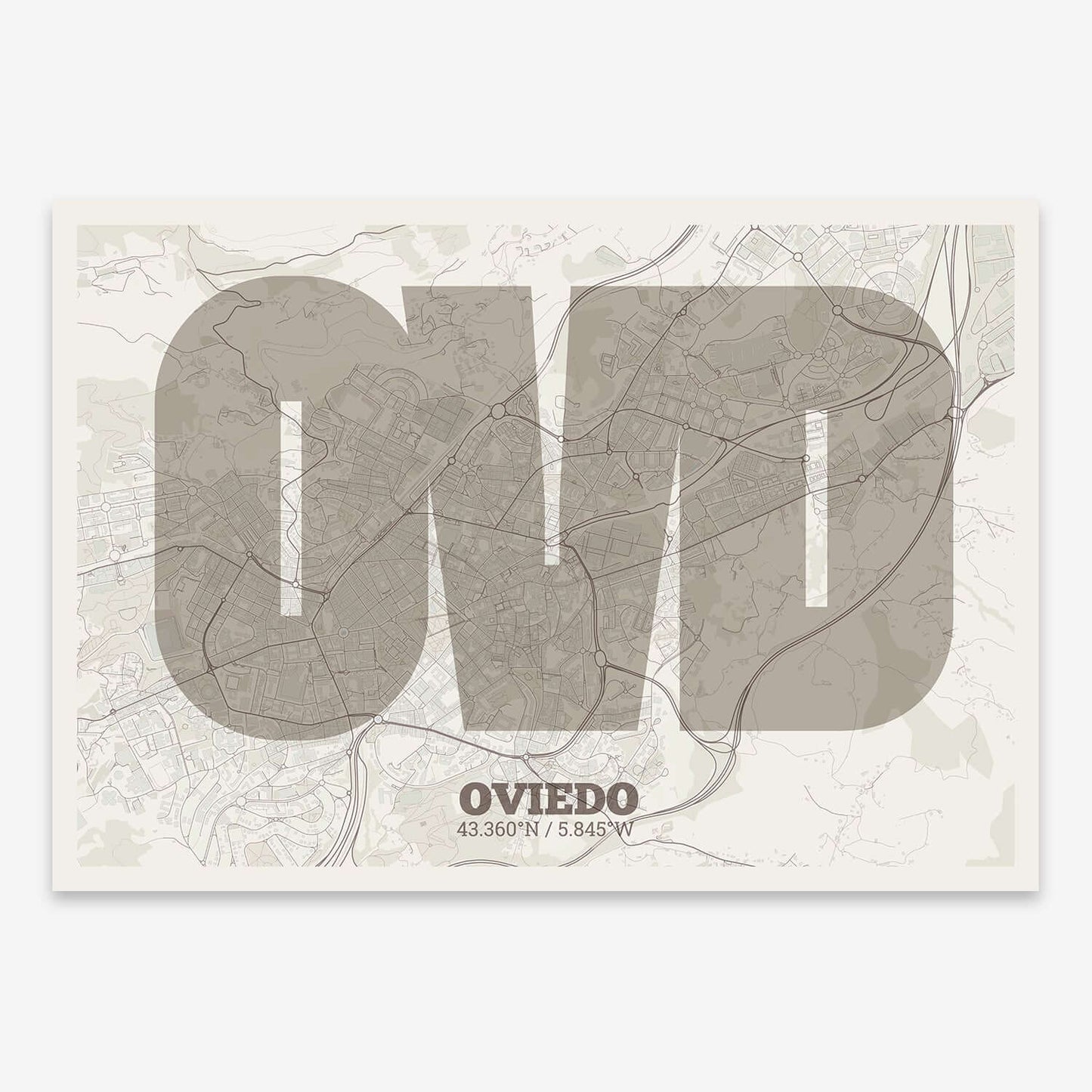 The map of Oviedo composed with letters in a heavy geometric font printed on light brown and an off-white background