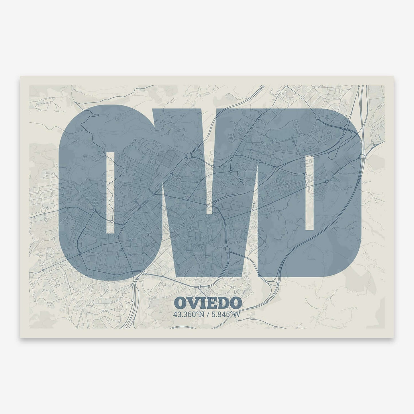 The map of Oviedo composed with letters in a heavy geometric font printed on bluish gray and an off-white background