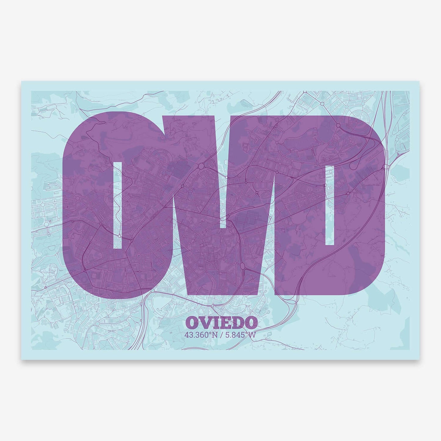 The map of Oviedo composed with letters in a heavy geometric font printed on purple and light blue