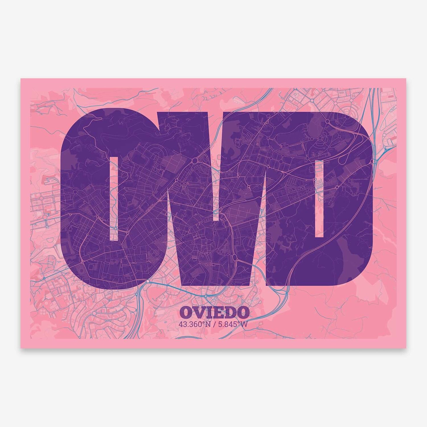 The map of Oviedo composed with letters in a heavy geometric font printed on violet y pink background