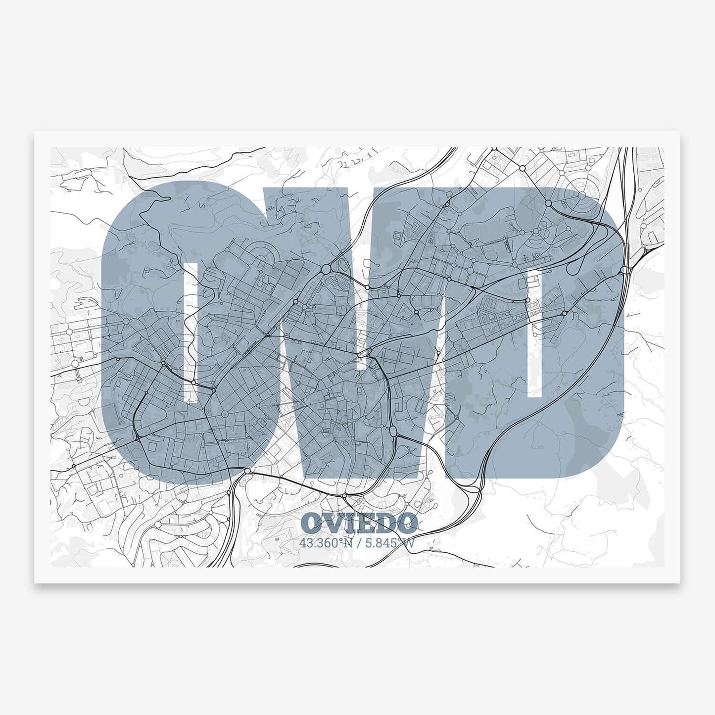 The map of Oviedo composed with letters in a heavy geometric font printed on black and white
