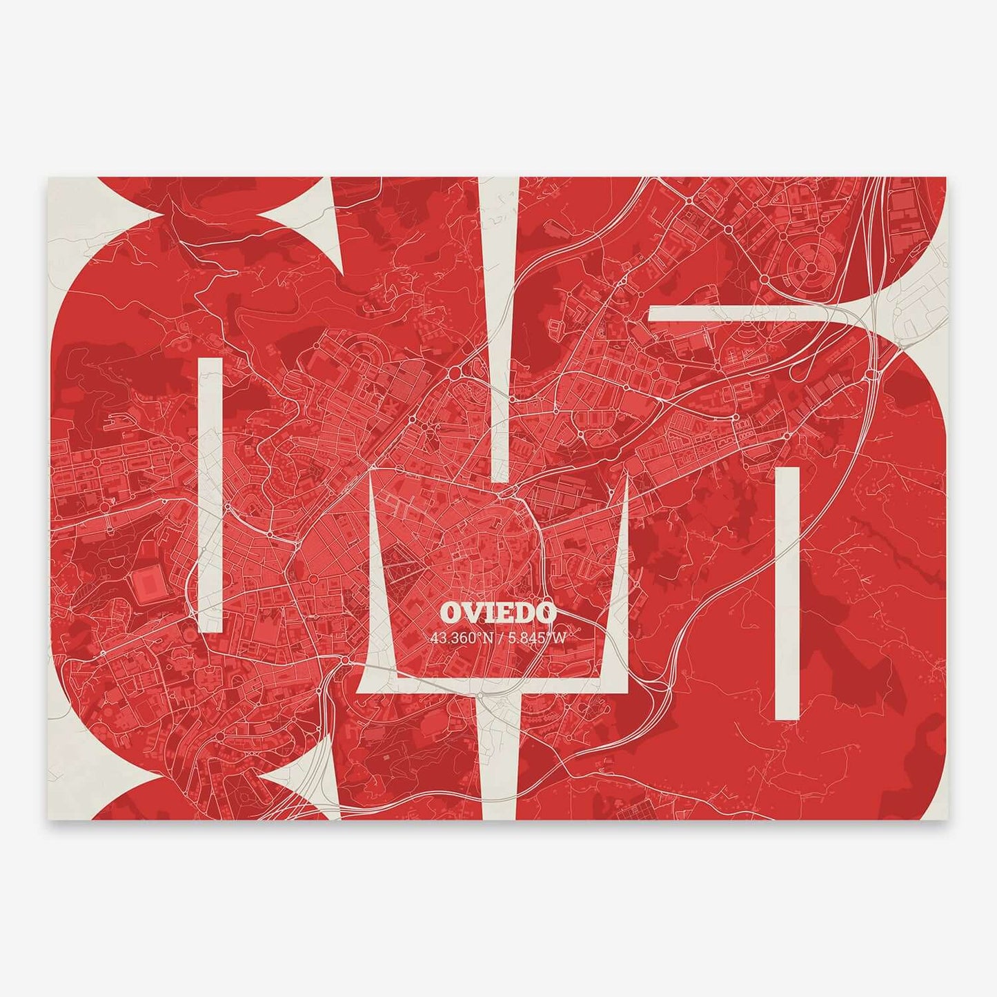 The map of Oviedo composed with letters from its name or IATA code printed on red and an off-white background