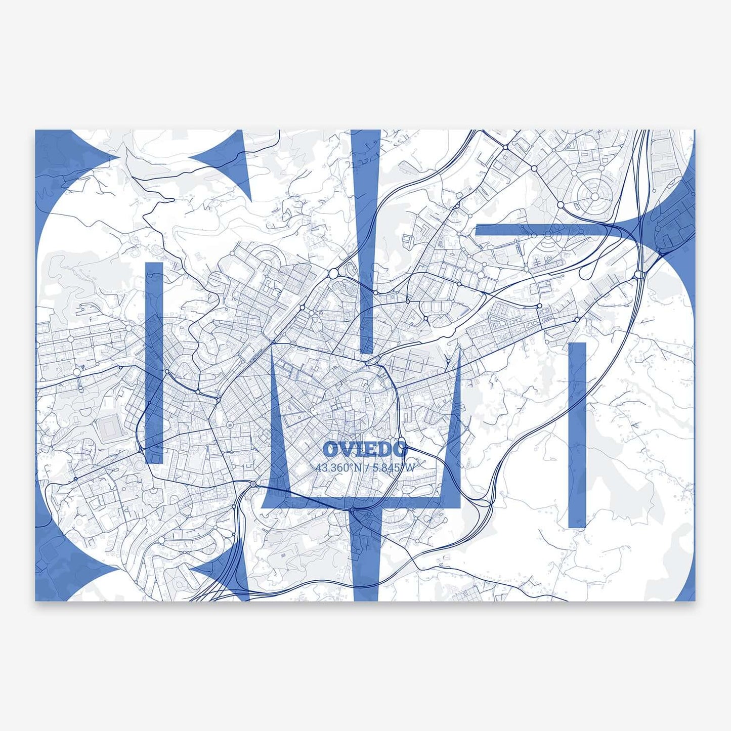 The map of Oviedo composed with letters from its name or IATA code printed on navy blue and white