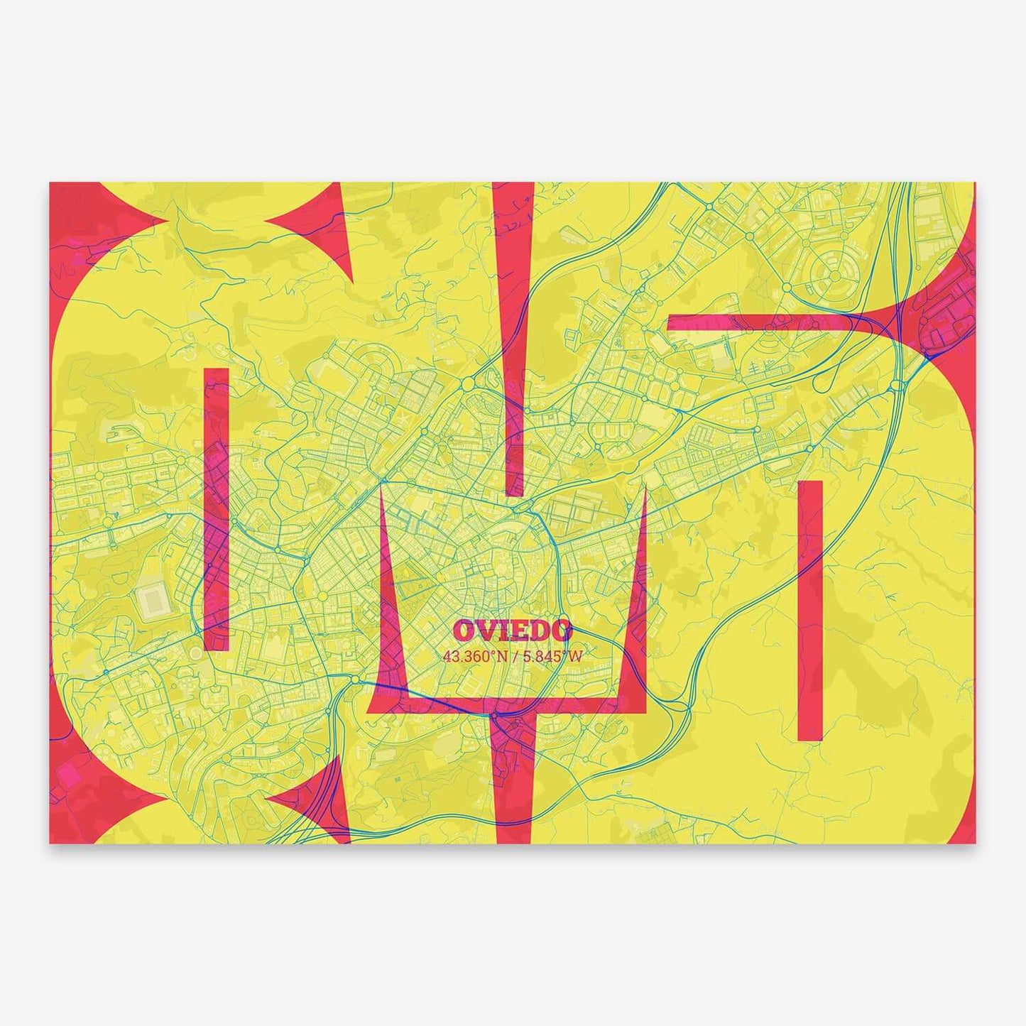 The map of Oviedo composed with letters from its name or IATA code printed on yellow and fuchsia