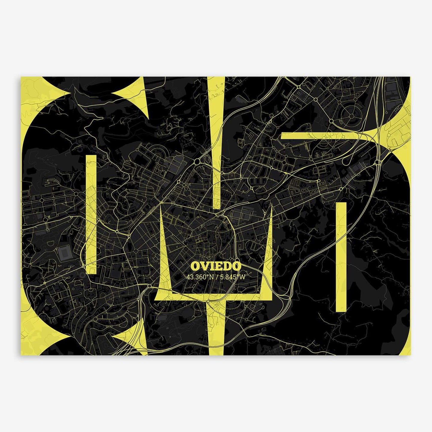 The map of Oviedo composed with letters from its name or IATA code printed on black and yellow