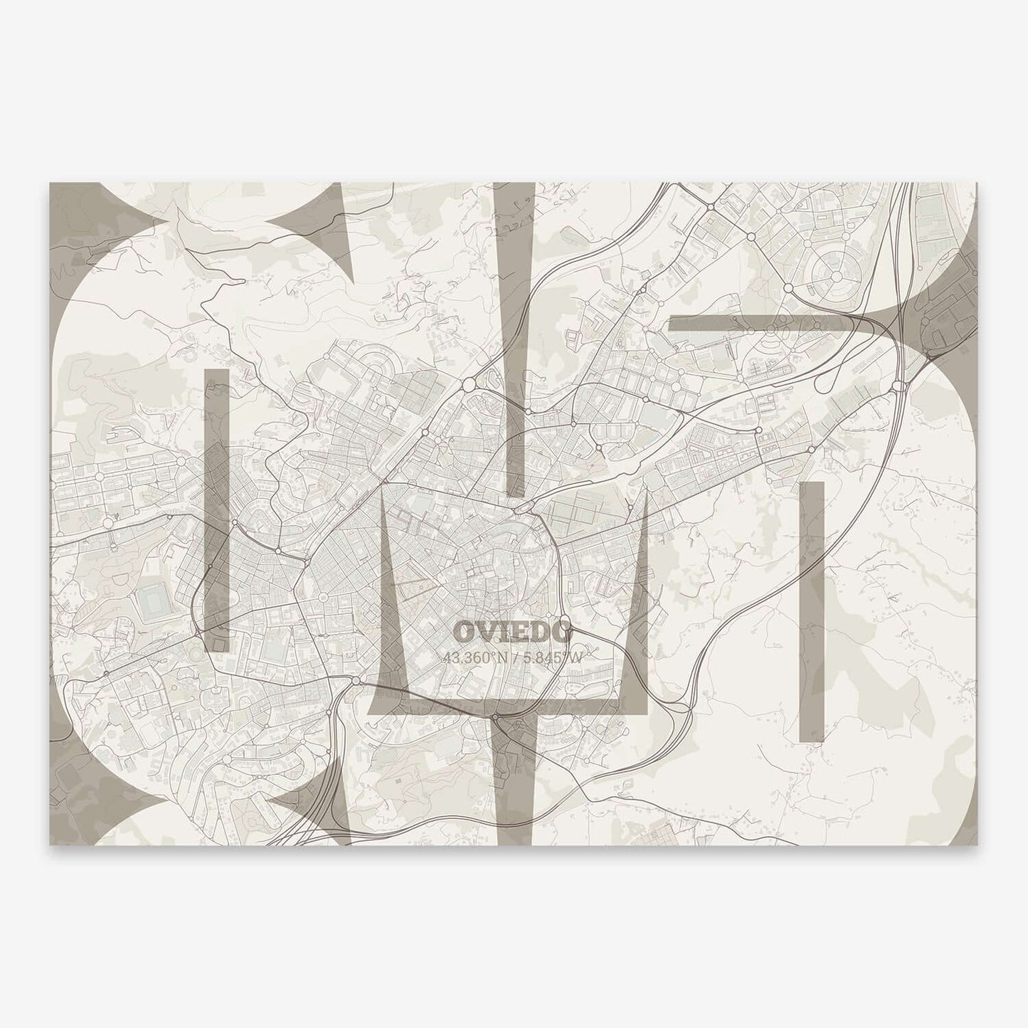 The map of Oviedo composed with letters from its name or IATA code printed on light brown and an off-white background