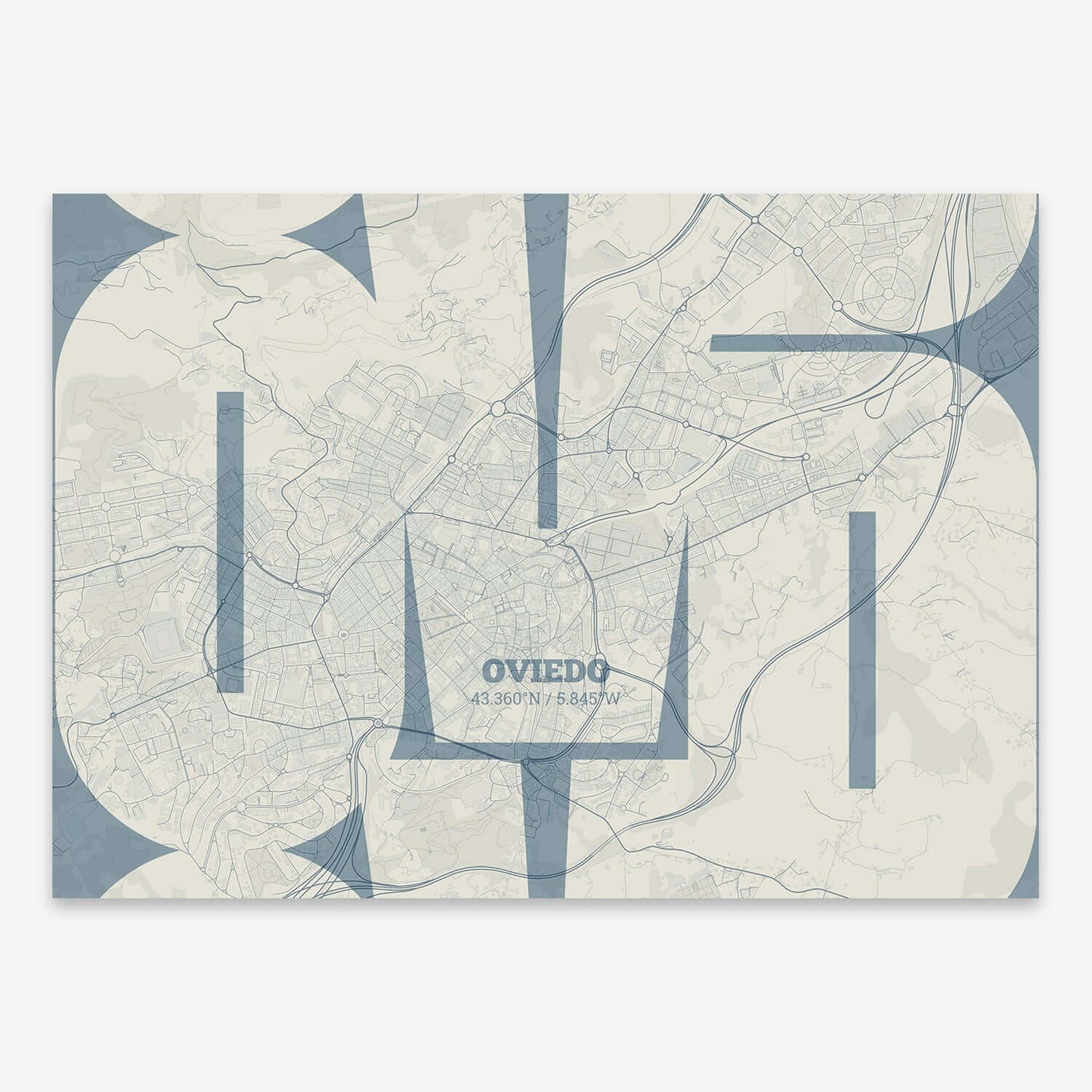 The map of Oviedo composed with letters from its name or IATA code printed on bluish gray and an off-white background