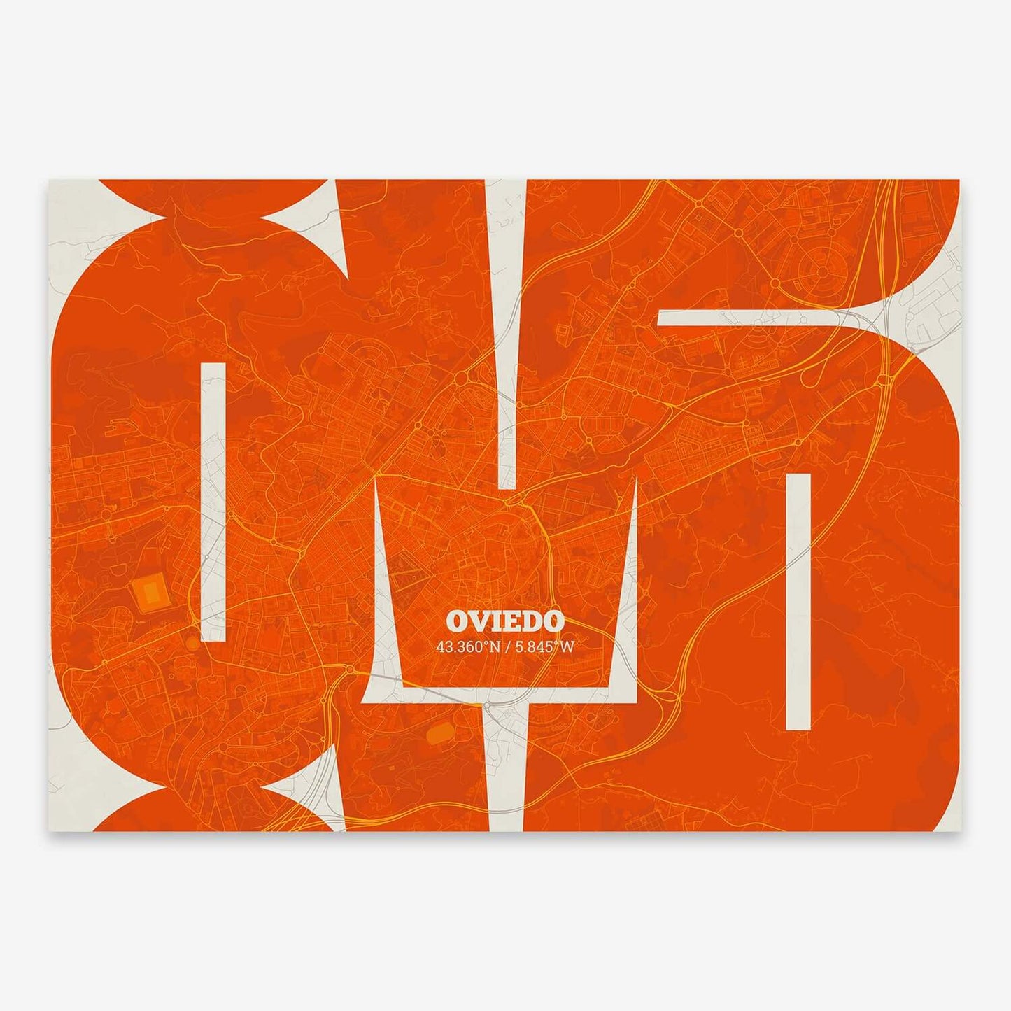 The map of Oviedo composed with letters from its name or IATA code printed on orange and an off-white background