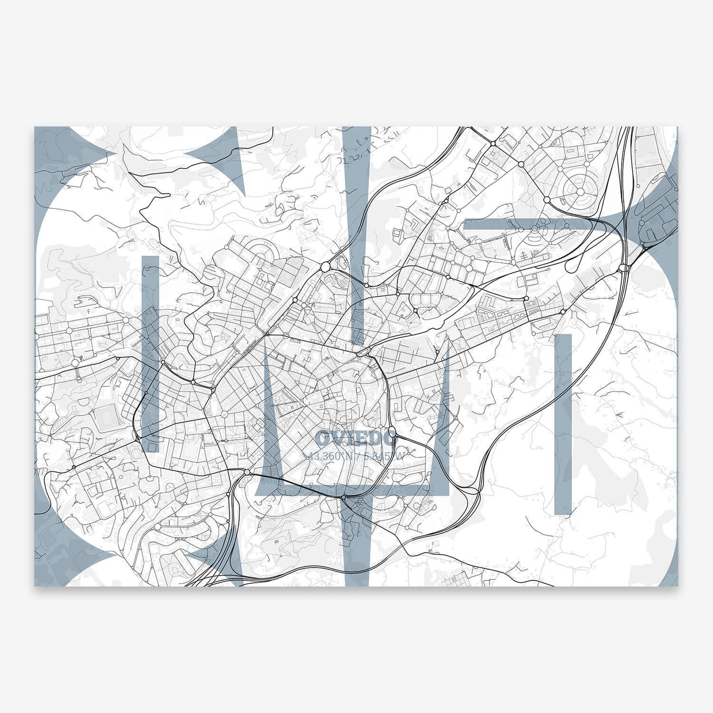 The map of Oviedo composed with letters from its name or IATA code printed on black and white