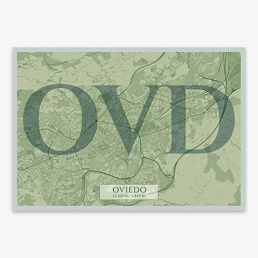 Decorative map of Oviedo composed with letters in serif font printed on two green tones