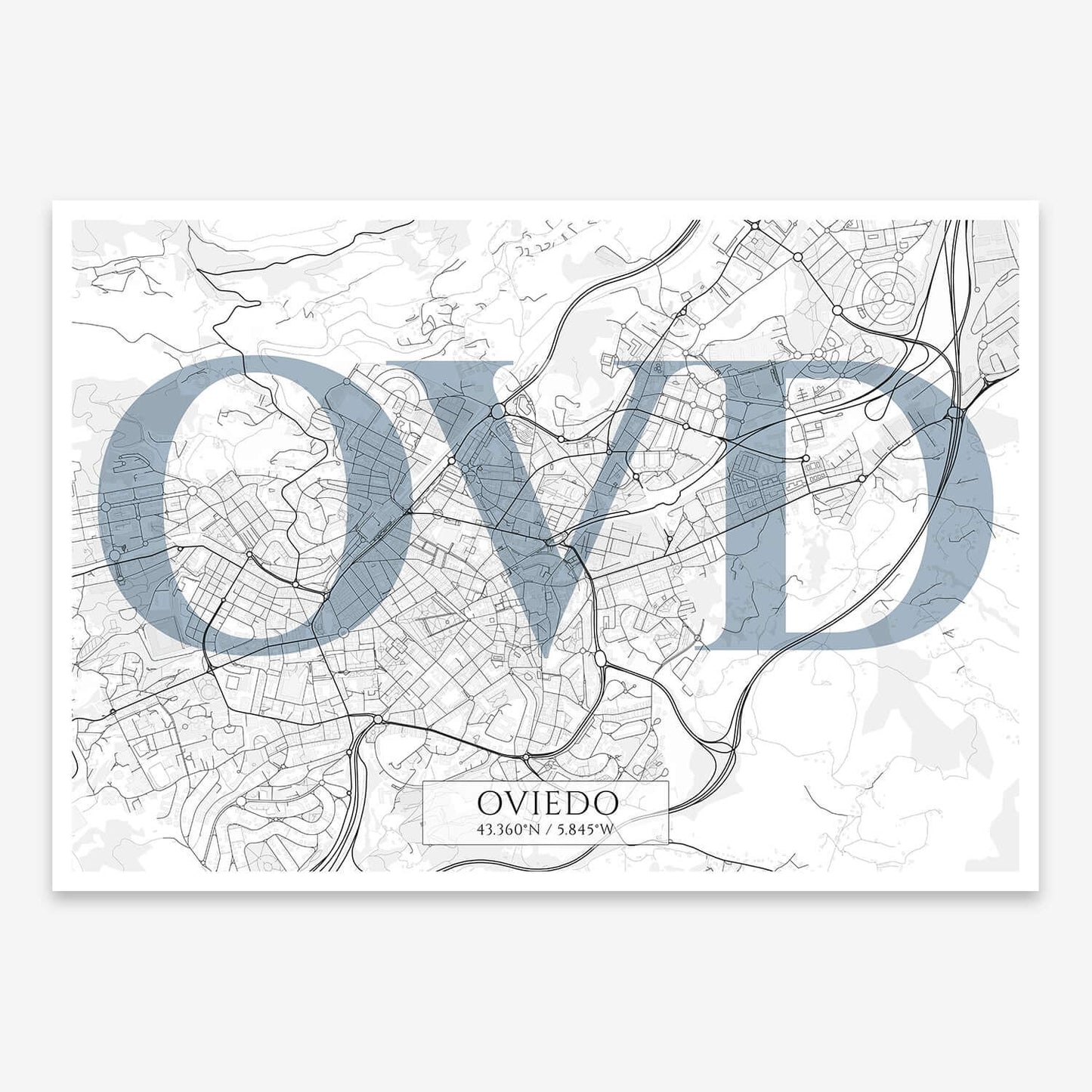 The map of Oviedo composed with letters in serif font printed on black and white