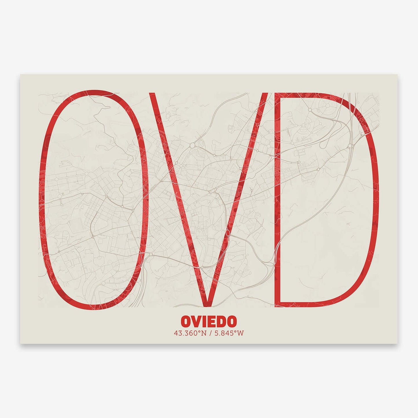 The map of Oviedo composed with letters in extra light font printed on red and an off-white background