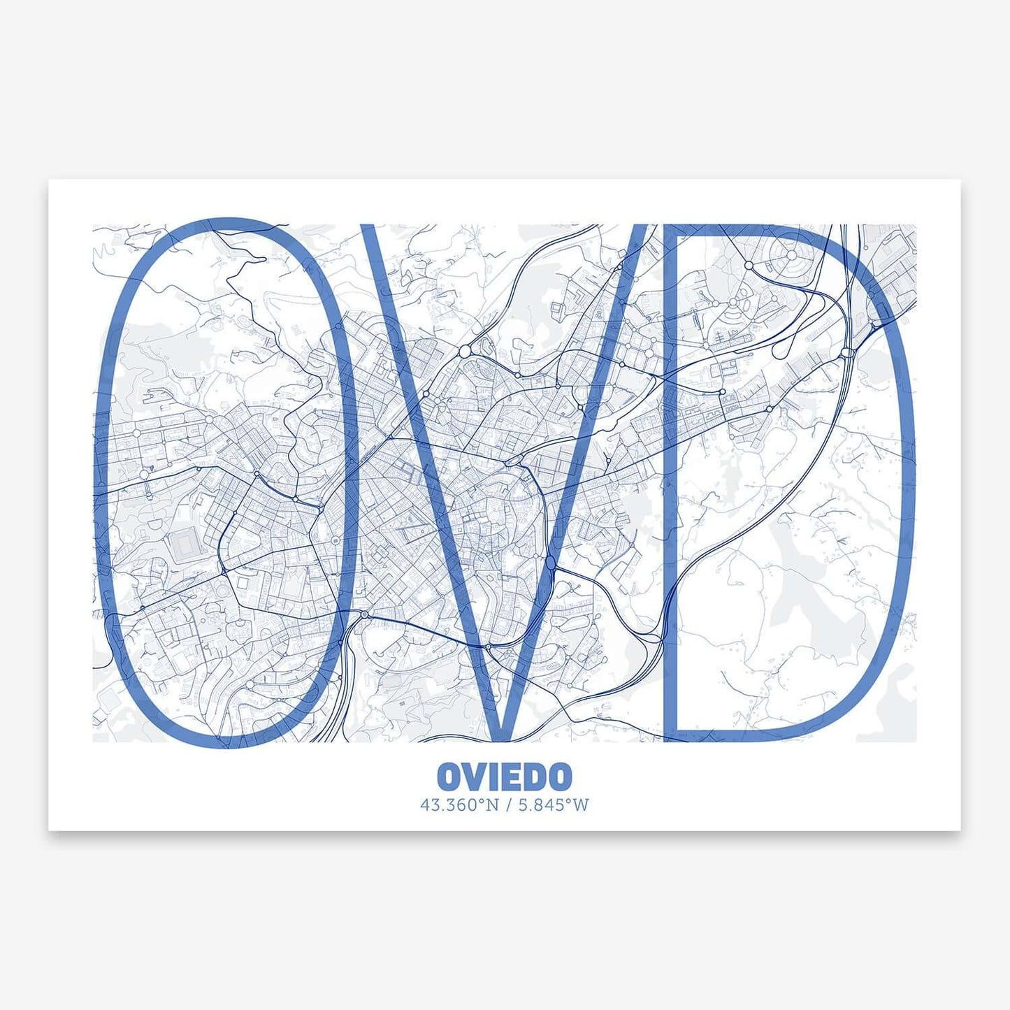 The map of Oviedo composed with letters in extra light font printed on navy blue and white