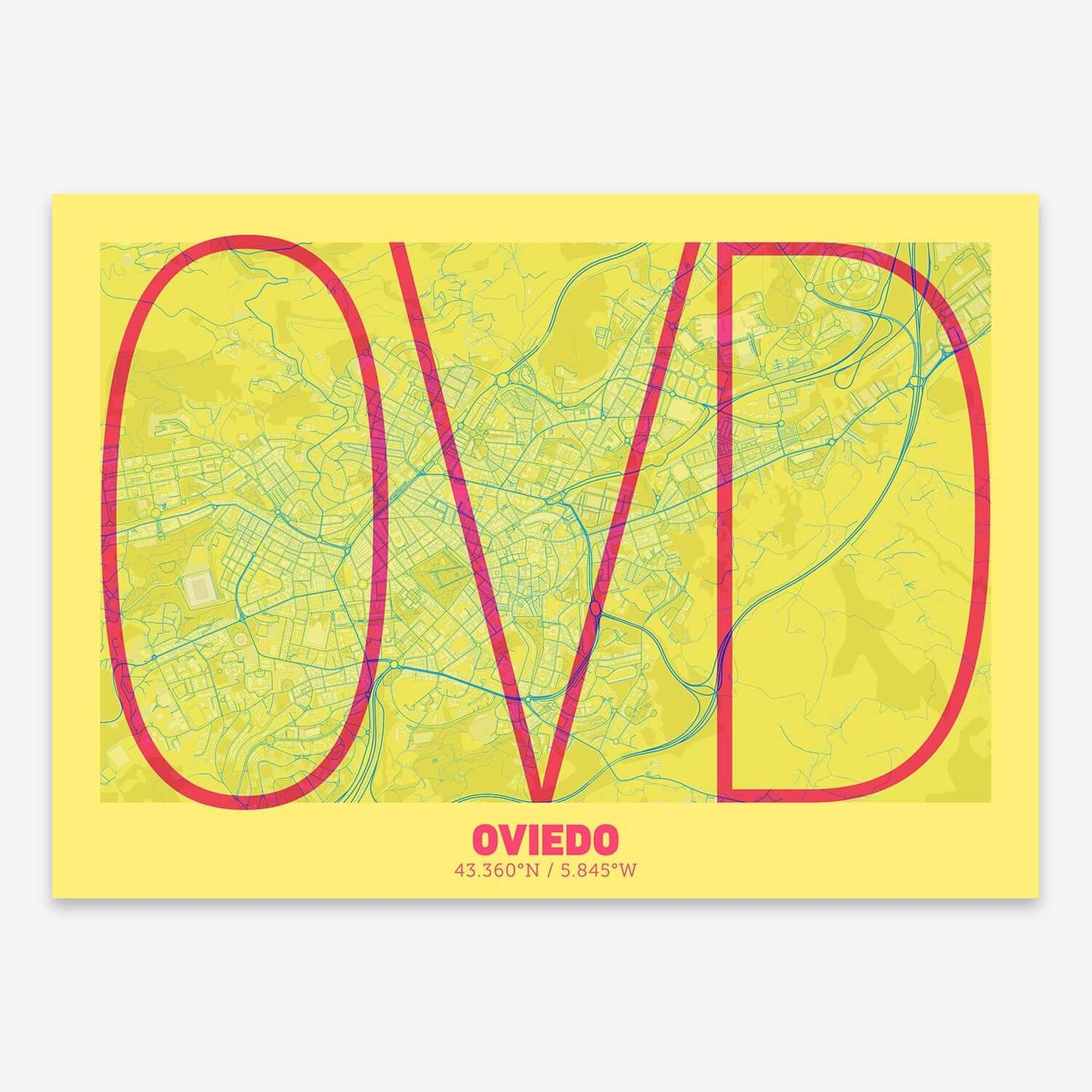 The map of Oviedo composed with letters in extra light font printed on yellow and fuchsia