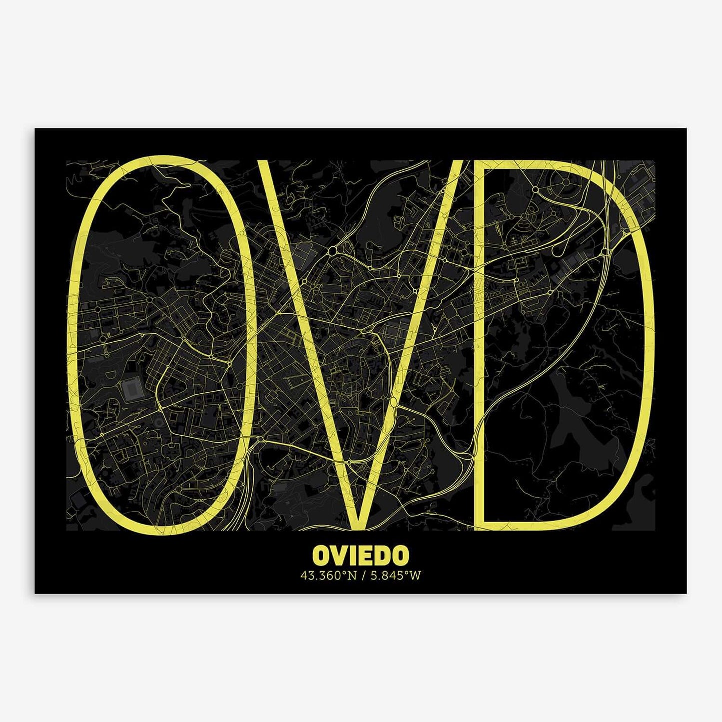 The map of Oviedo composed with letters in extra light font printed on black and yellow