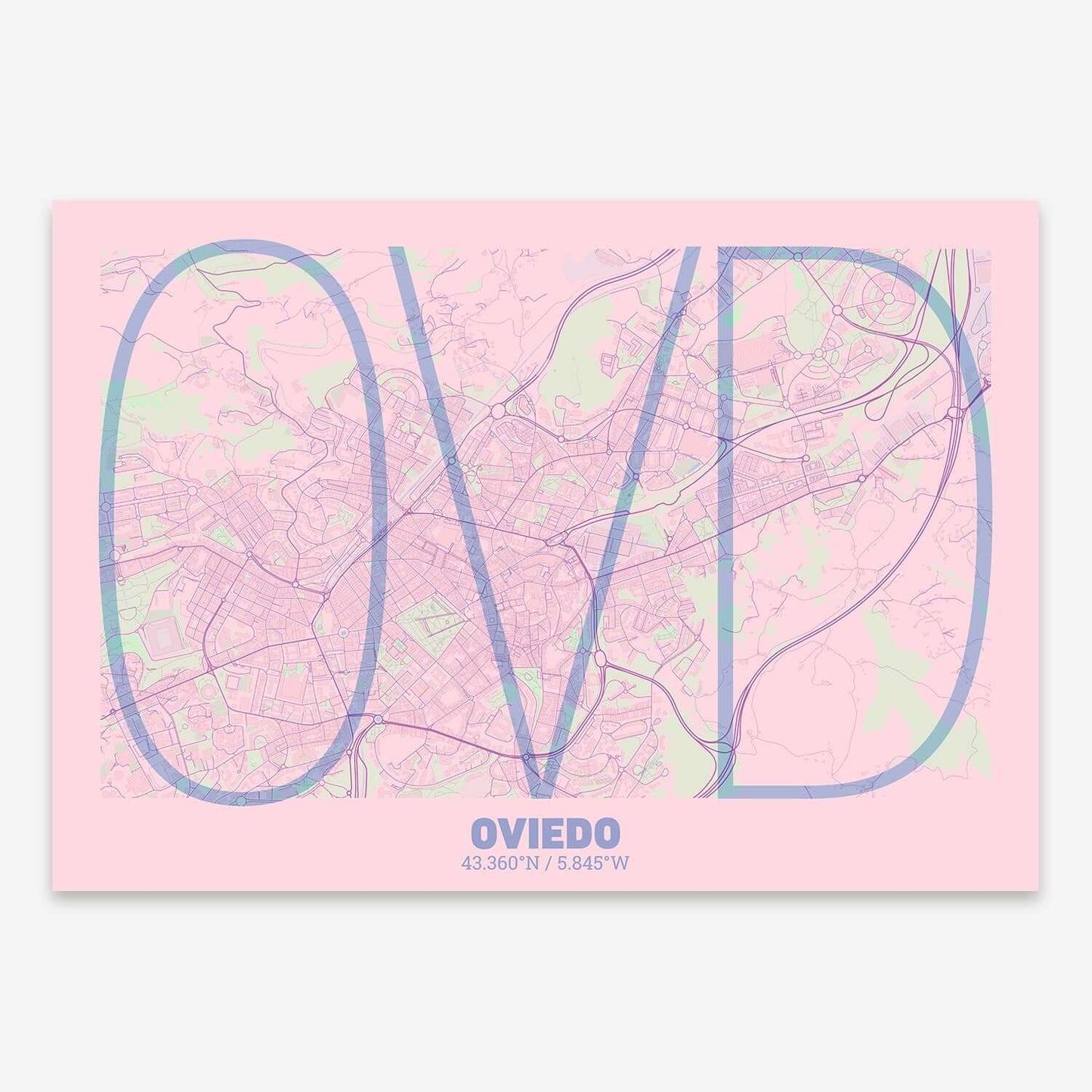 The map of Oviedo composed with letters in extra light font printed on pink and light blue
