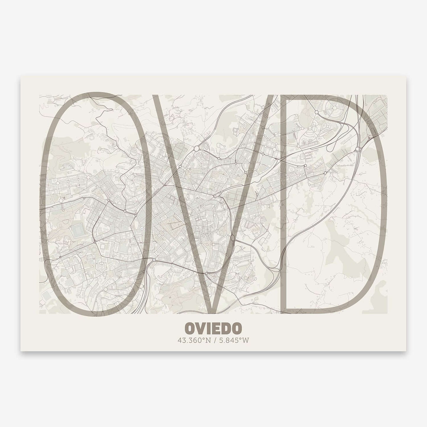 The map of Oviedo composed with letters in extra light font printed on light brown and an off-white background