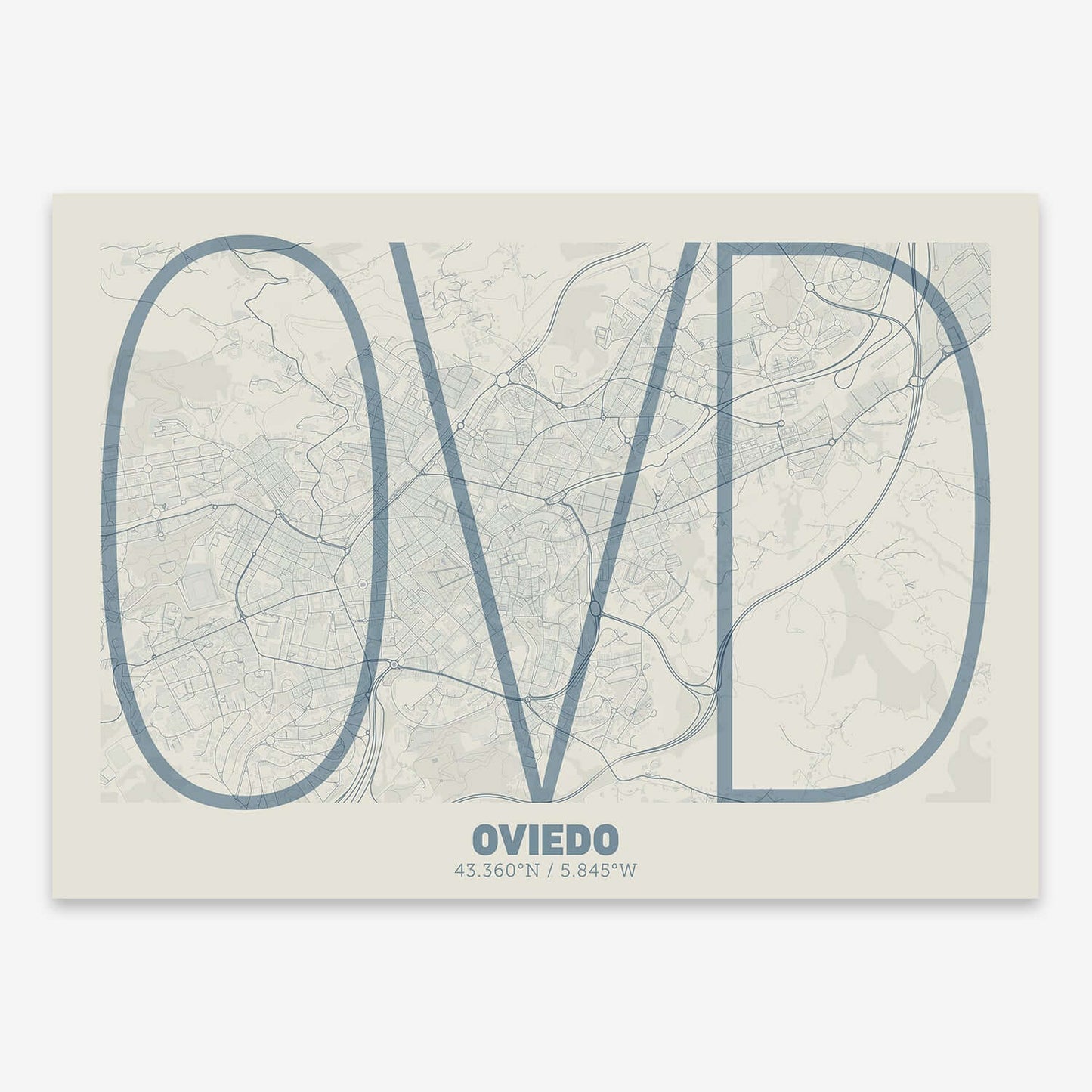 The map of Oviedo composed with letters in extra light font printed on bluish gray and an off-white background
