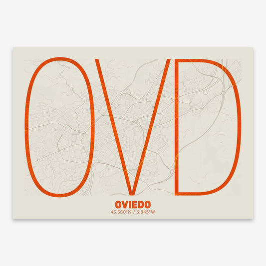 The map of Oviedo composed with letters in extra light font printed on orange and an off-white background