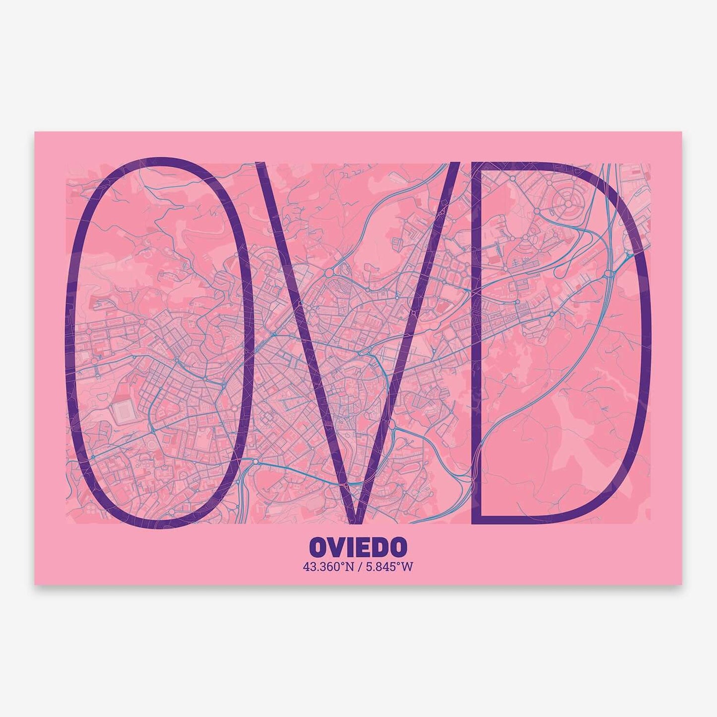 The map of Oviedo composed with letters in extra light font printed on violet y pink background