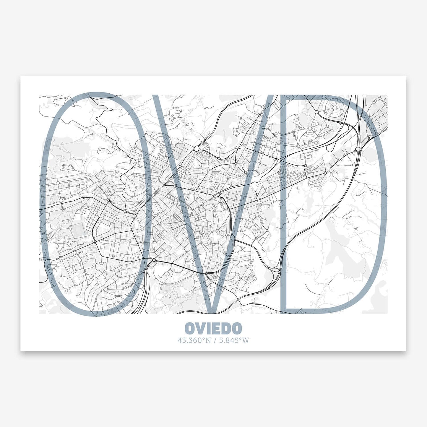The map of Oviedo composed with letters in extra light font printed on black and white