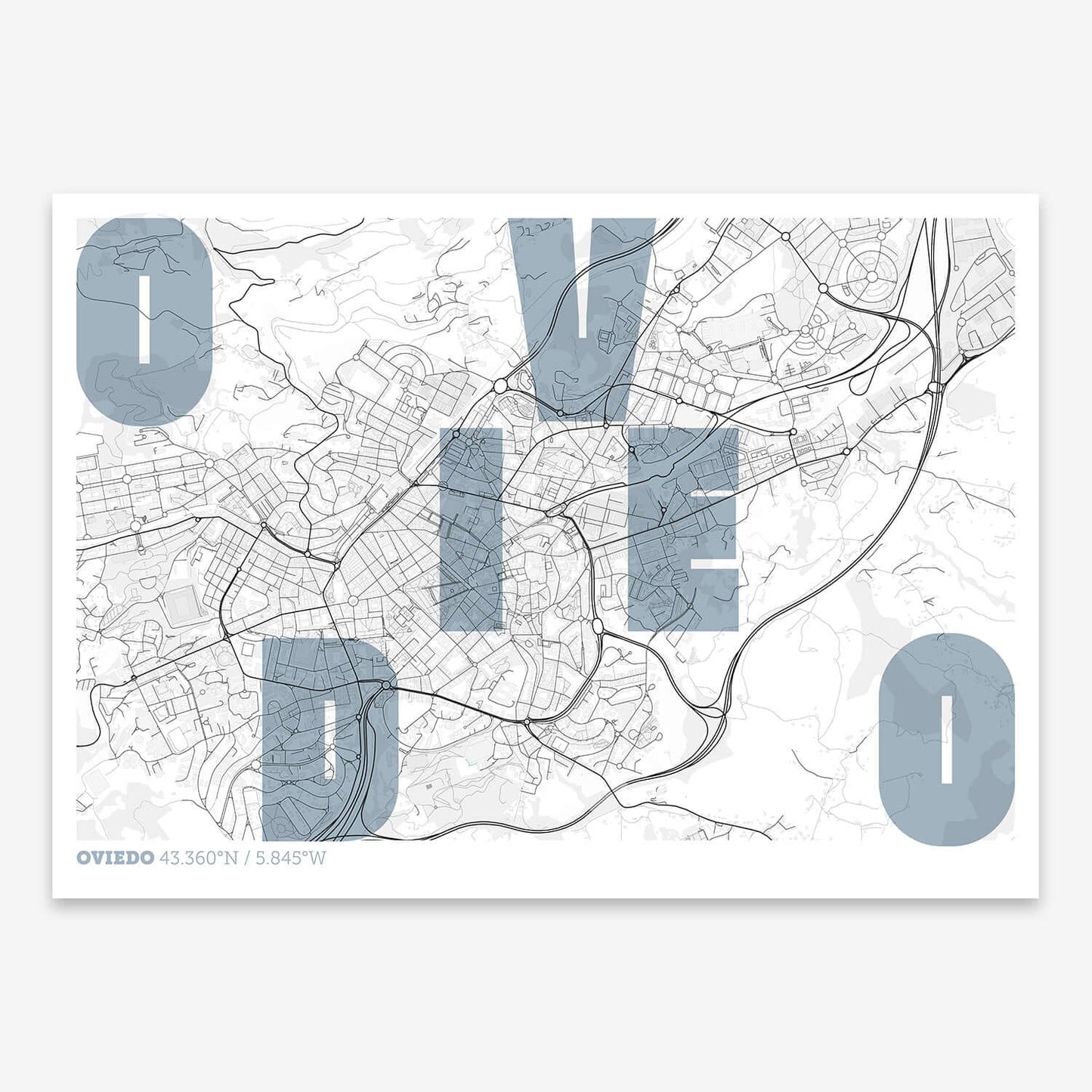 The map of Oviedo with letters of its name placed randomly, designed in black and white