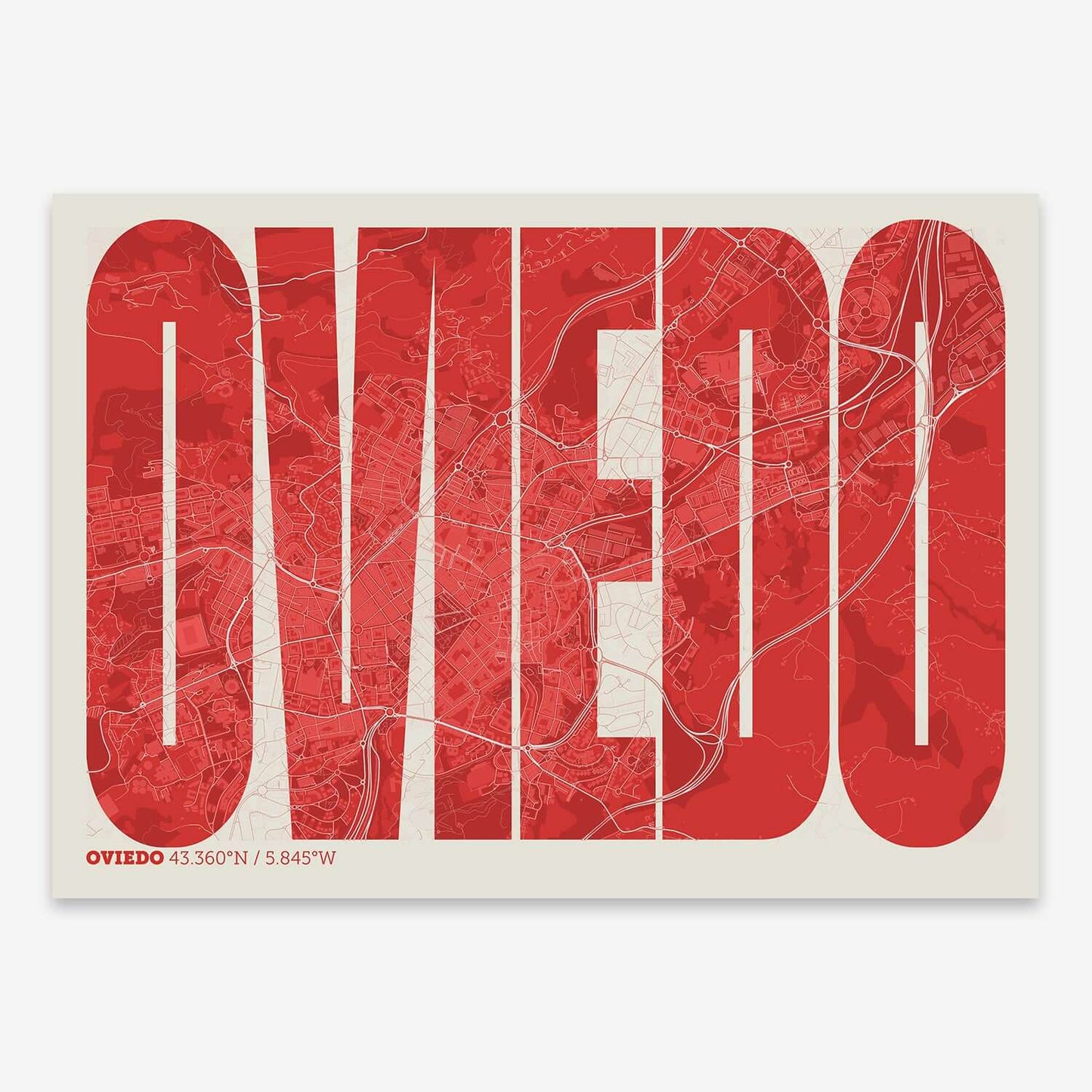 The map of Oviedo and letters of its name in a giclée print designed in red and an off-white background