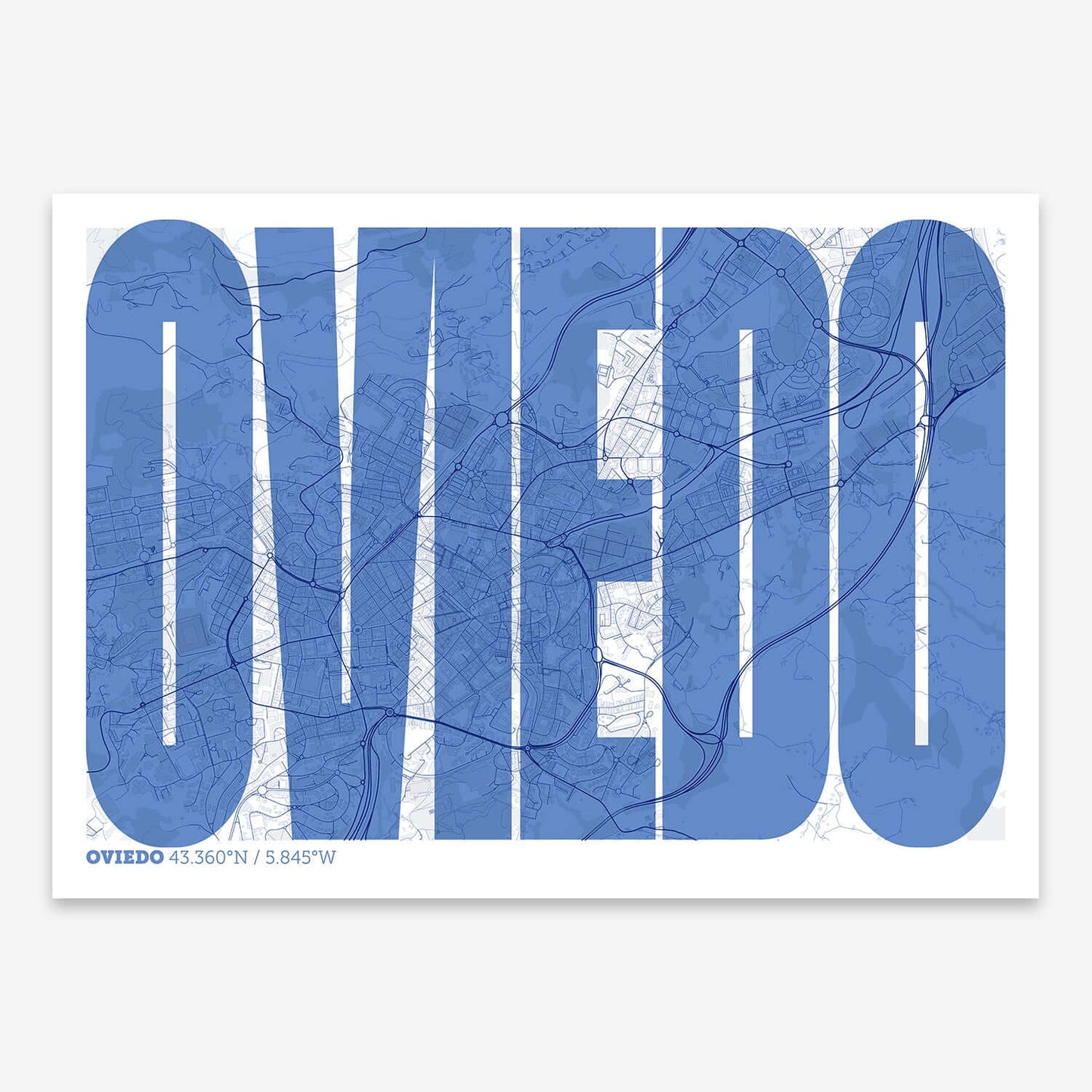The map of Oviedo and letters of its name in a giclée print designed in navy blue and white
