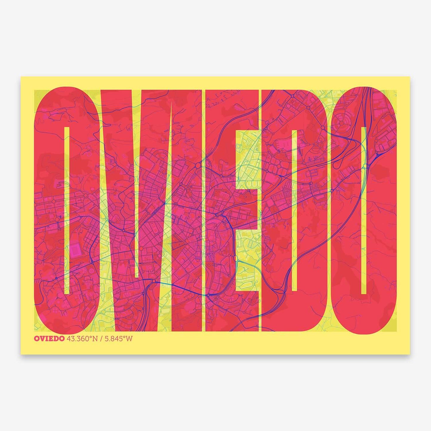 The map of Oviedo and letters of its name in a giclée print designed in yellow and fuchsia