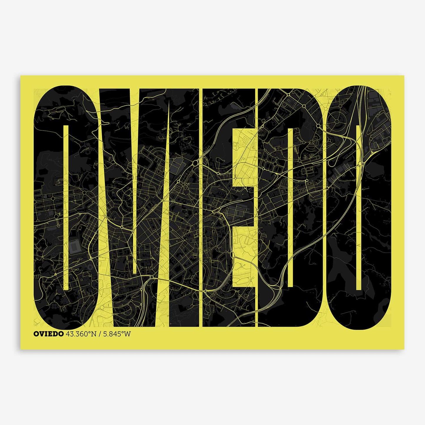The map of Oviedo and letters of its name in a giclée print designed in black and yellow