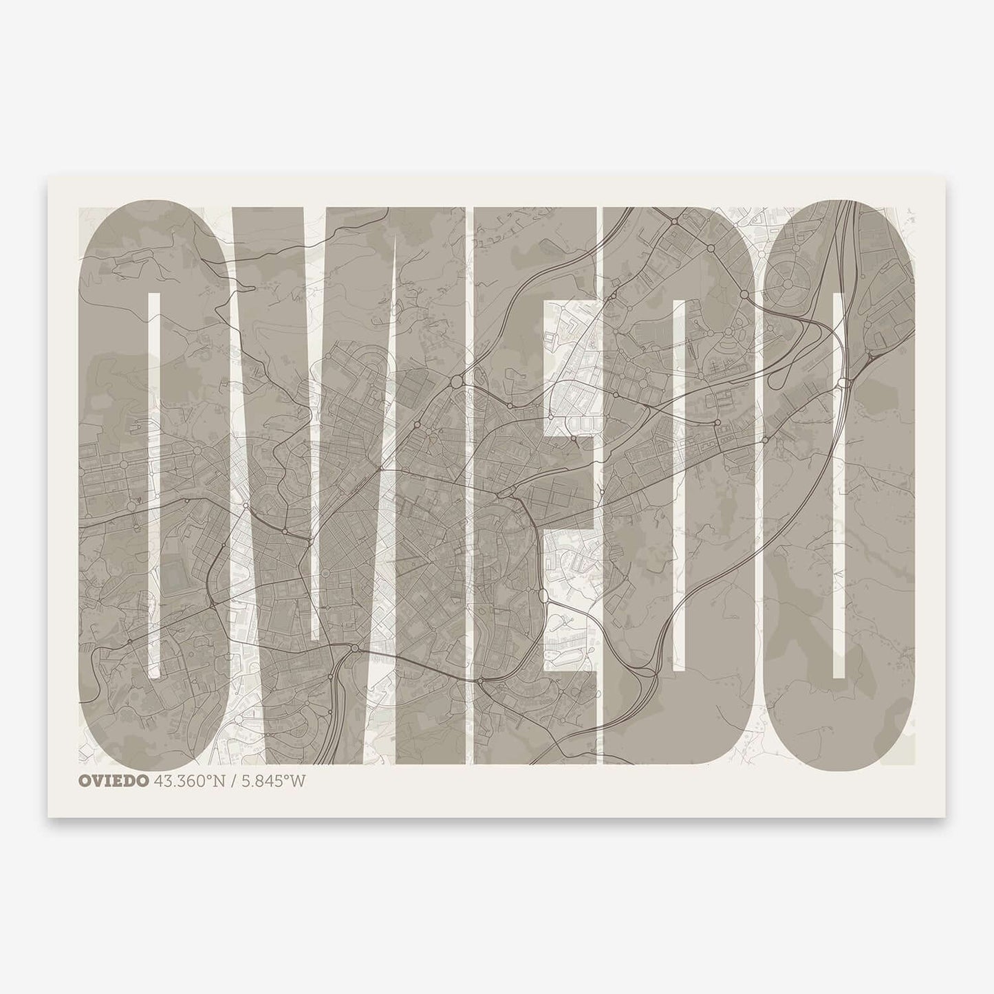 The map of Oviedo and letters of its name in a giclée print designed in light brown and an off-white background