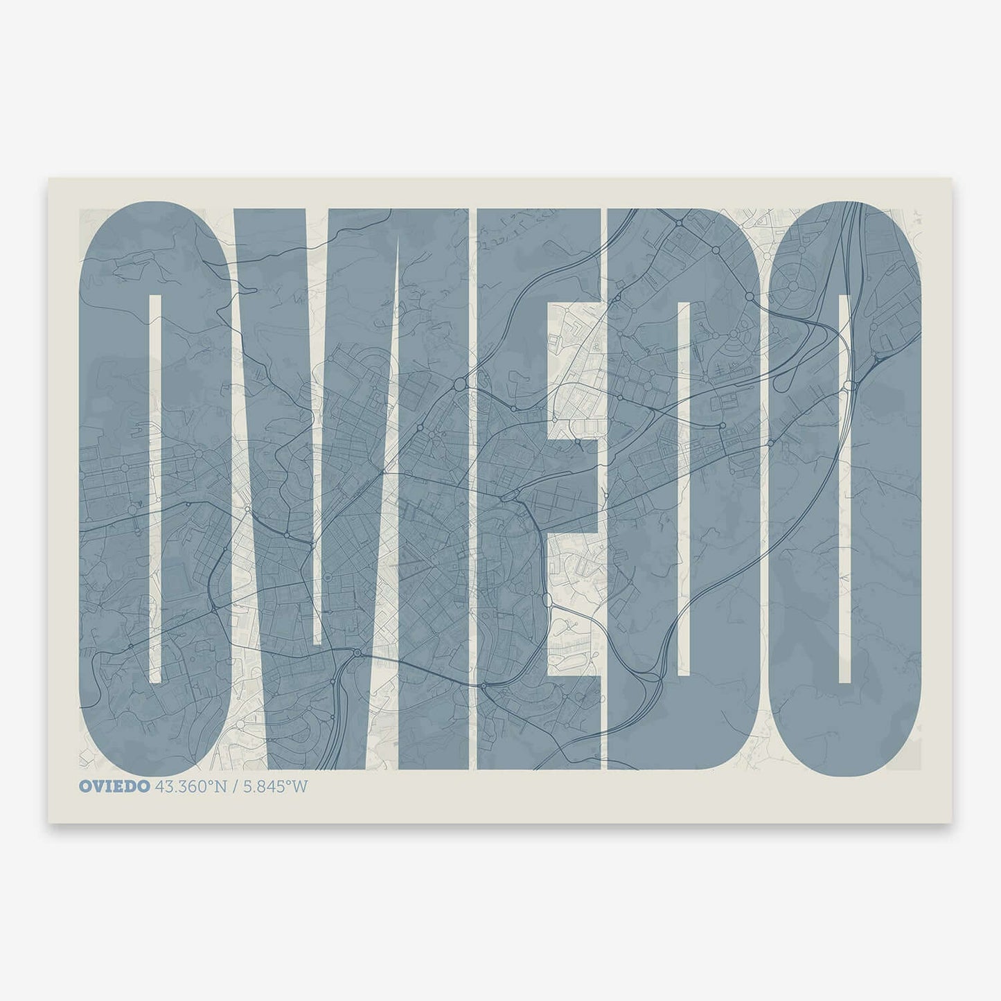 The map of Oviedo and letters of its name in a giclée print designed in bluish gray and an off-white background