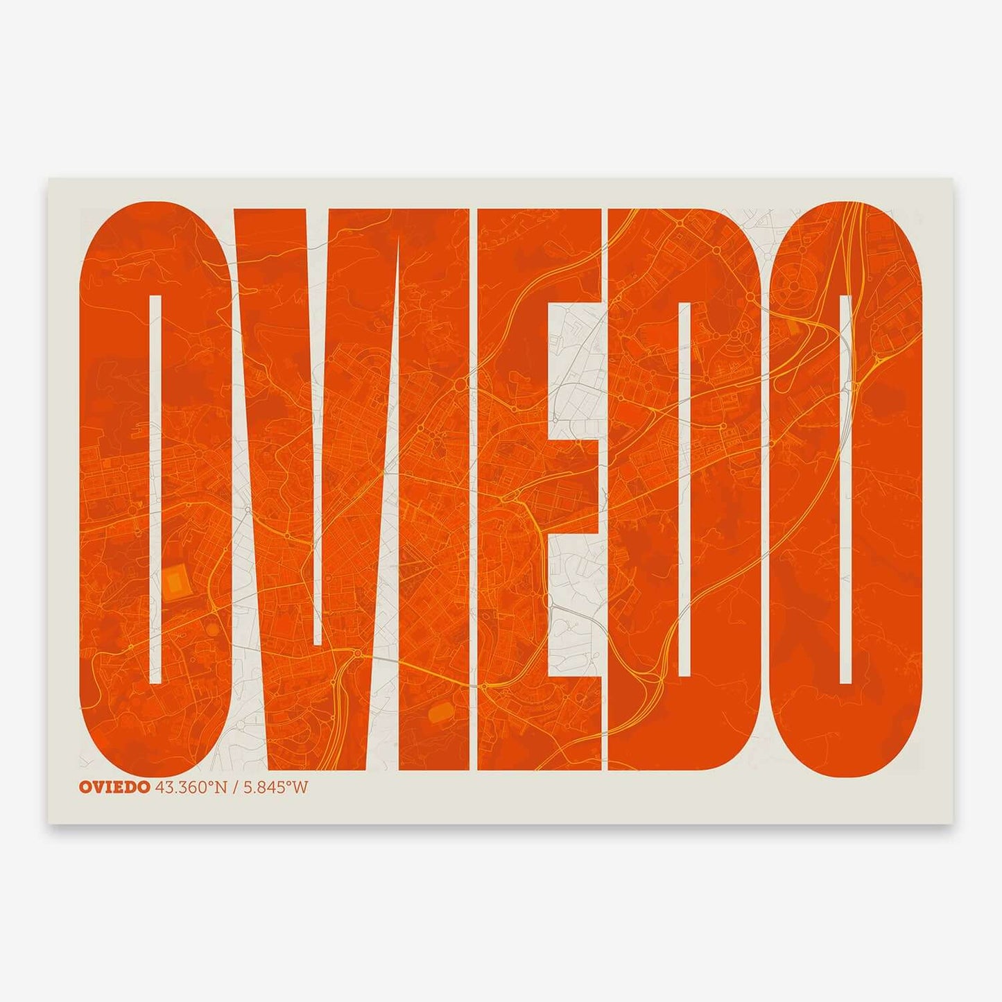 The map of Oviedo and letters of its name in a giclée print designed in orange and an off-white background