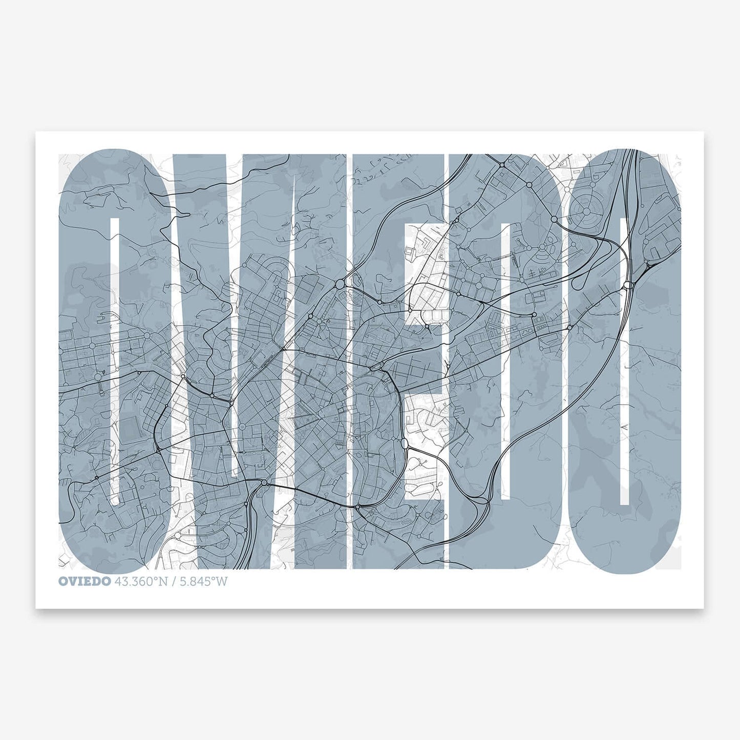 The map of Oviedo and letters of its name in a giclée print designed in black and white