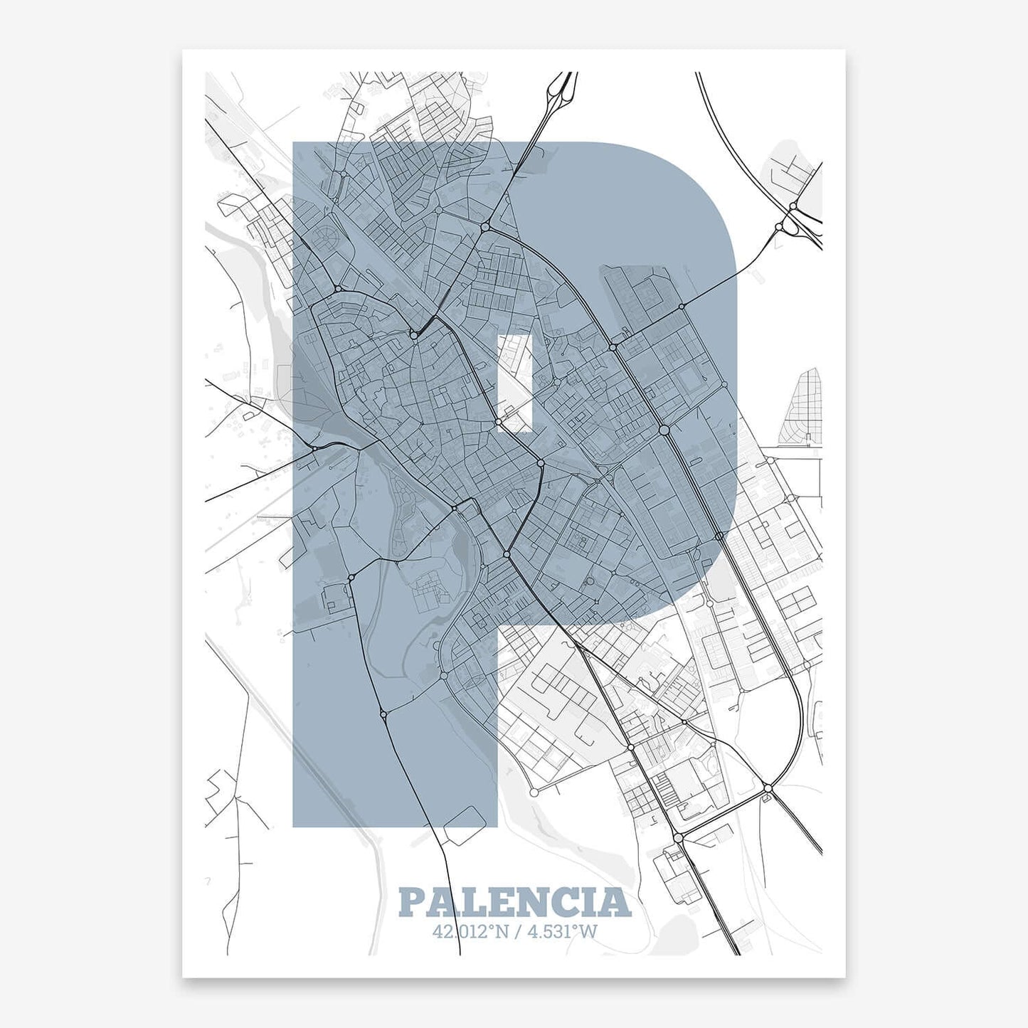 The map of Palencia composed with letters in a heavy geometric font printed on black and white