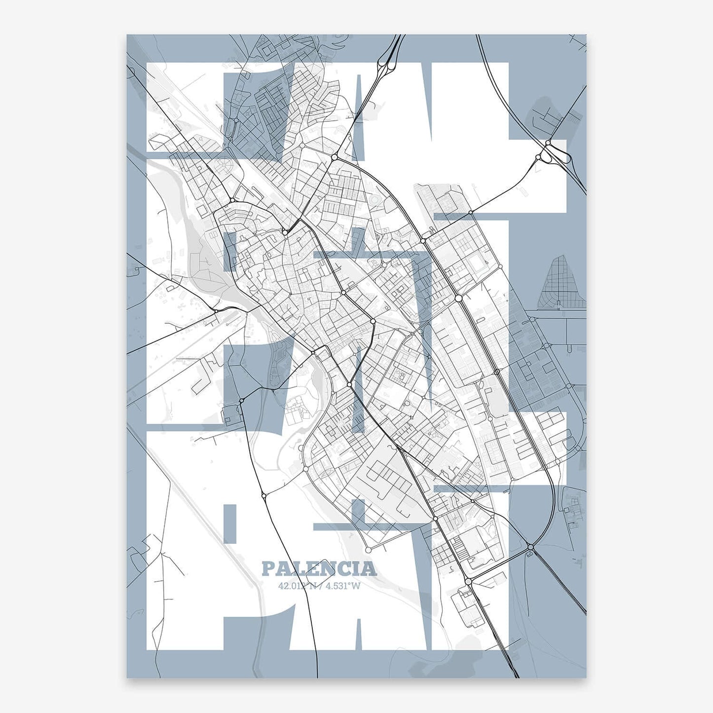 The map of Palencia composed with letters from its name or IATA code printed on black and white