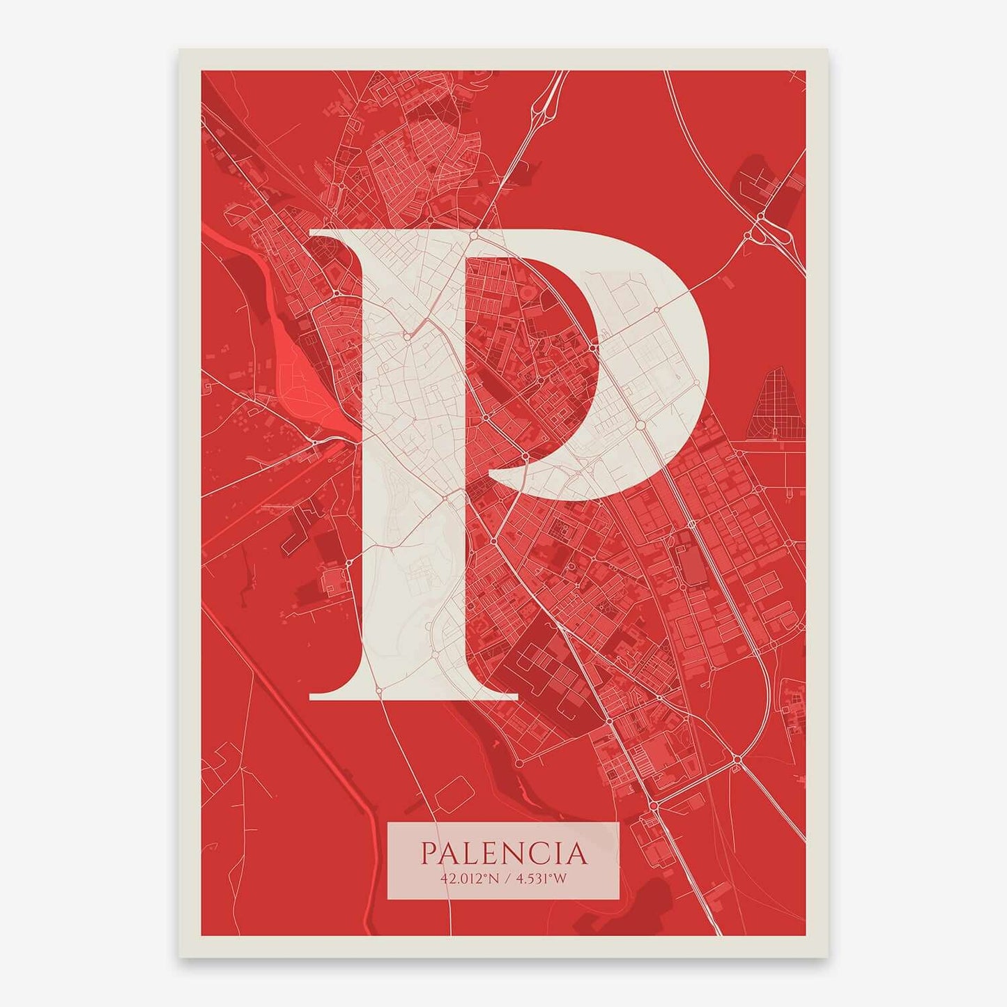 The map of Palencia composed with letters in serif font printed on red and an off-white background