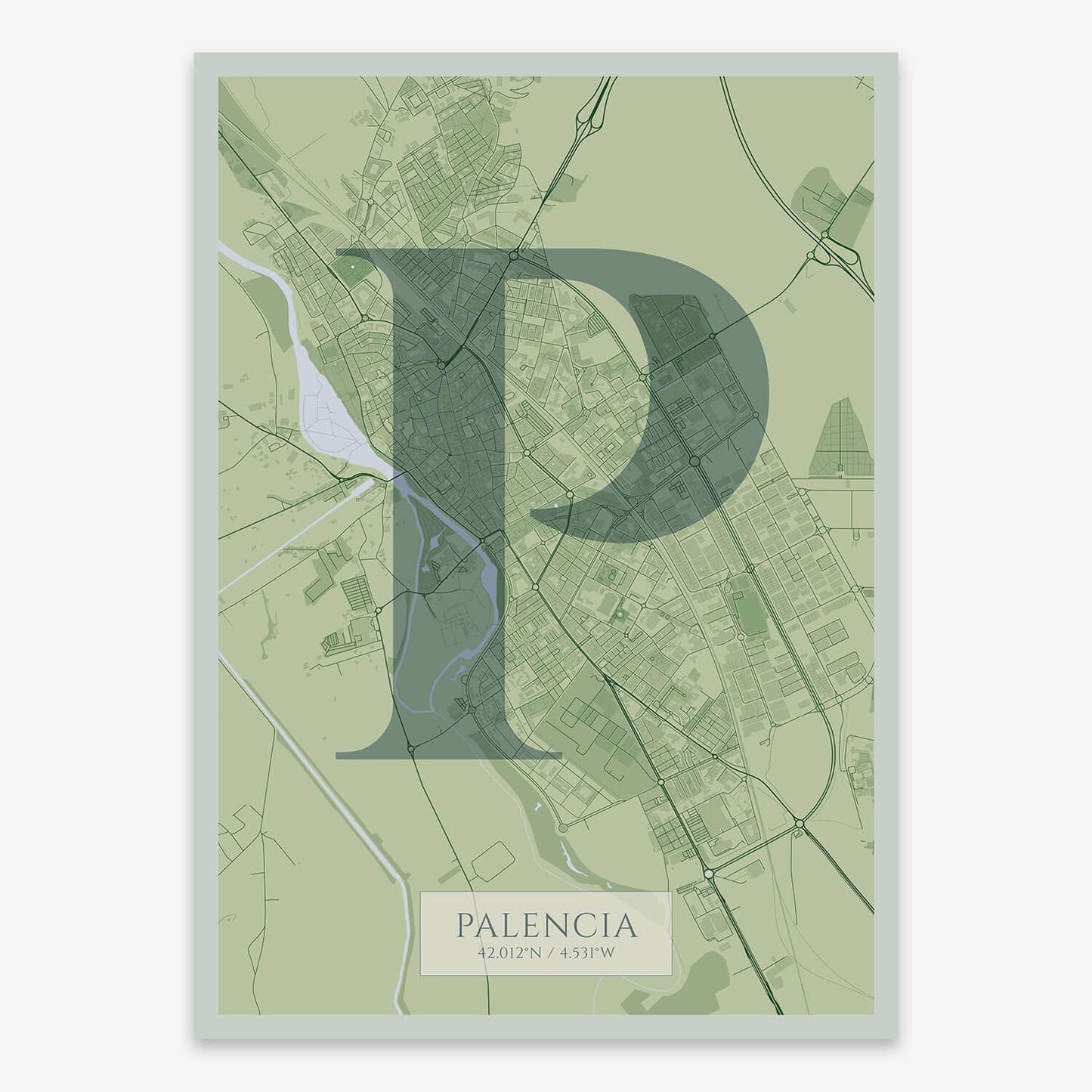The map of Palencia composed with letters in serif font printed on two green tones