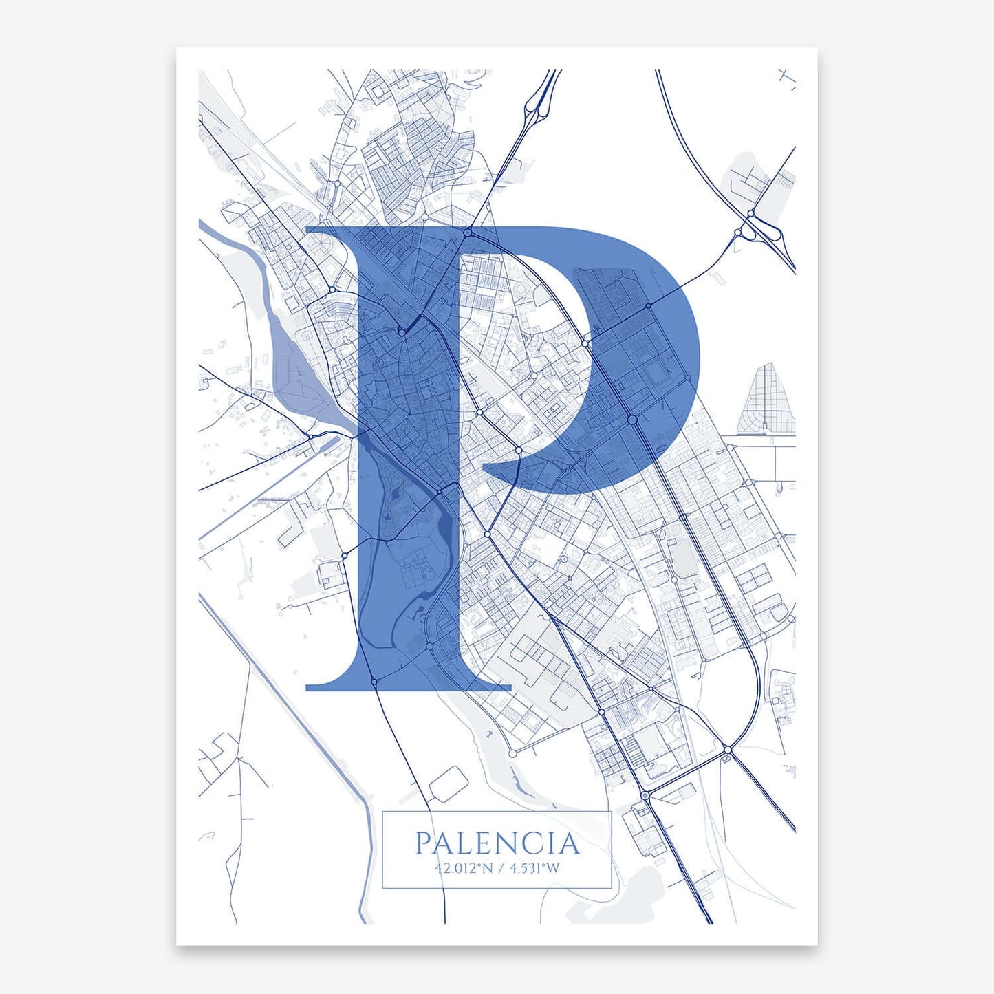 The map of Palencia composed with letters in serif font printed on navy blue and white