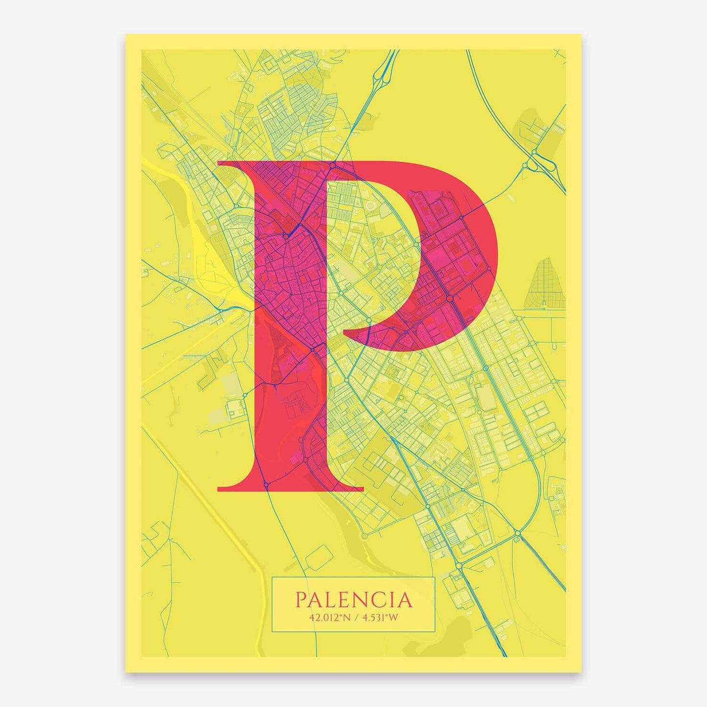 The map of Palencia composed with letters in serif font printed on yellow and fuchsia