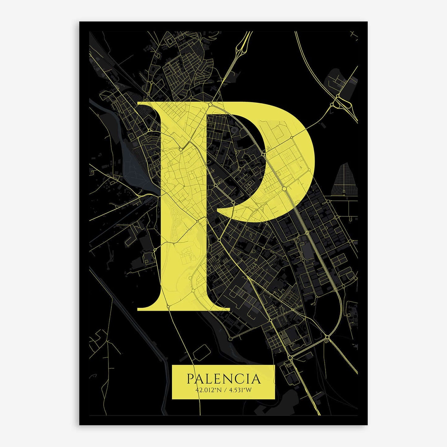 The map of Palencia composed with letters in serif font printed on black and yellow