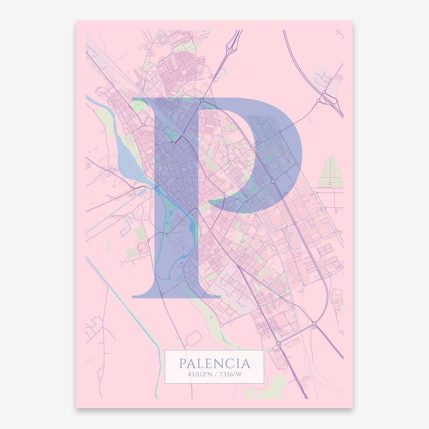 The map of Palencia composed with letters in serif font printed on pink and light blue