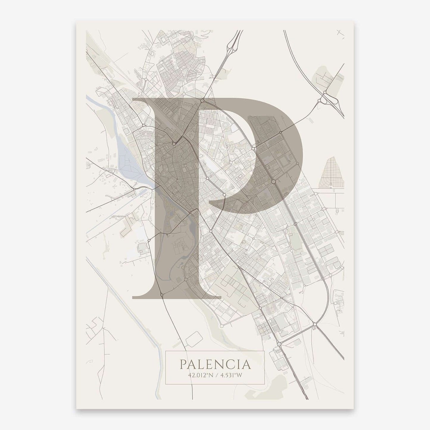 The map of Palencia composed with letters in serif font printed on light brown and an off-white background