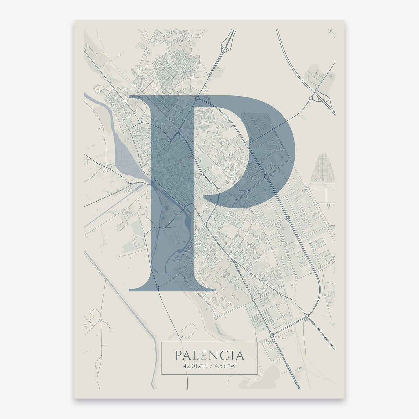 The map of Palencia composed with letters in serif font printed on bluish gray and an off-white background