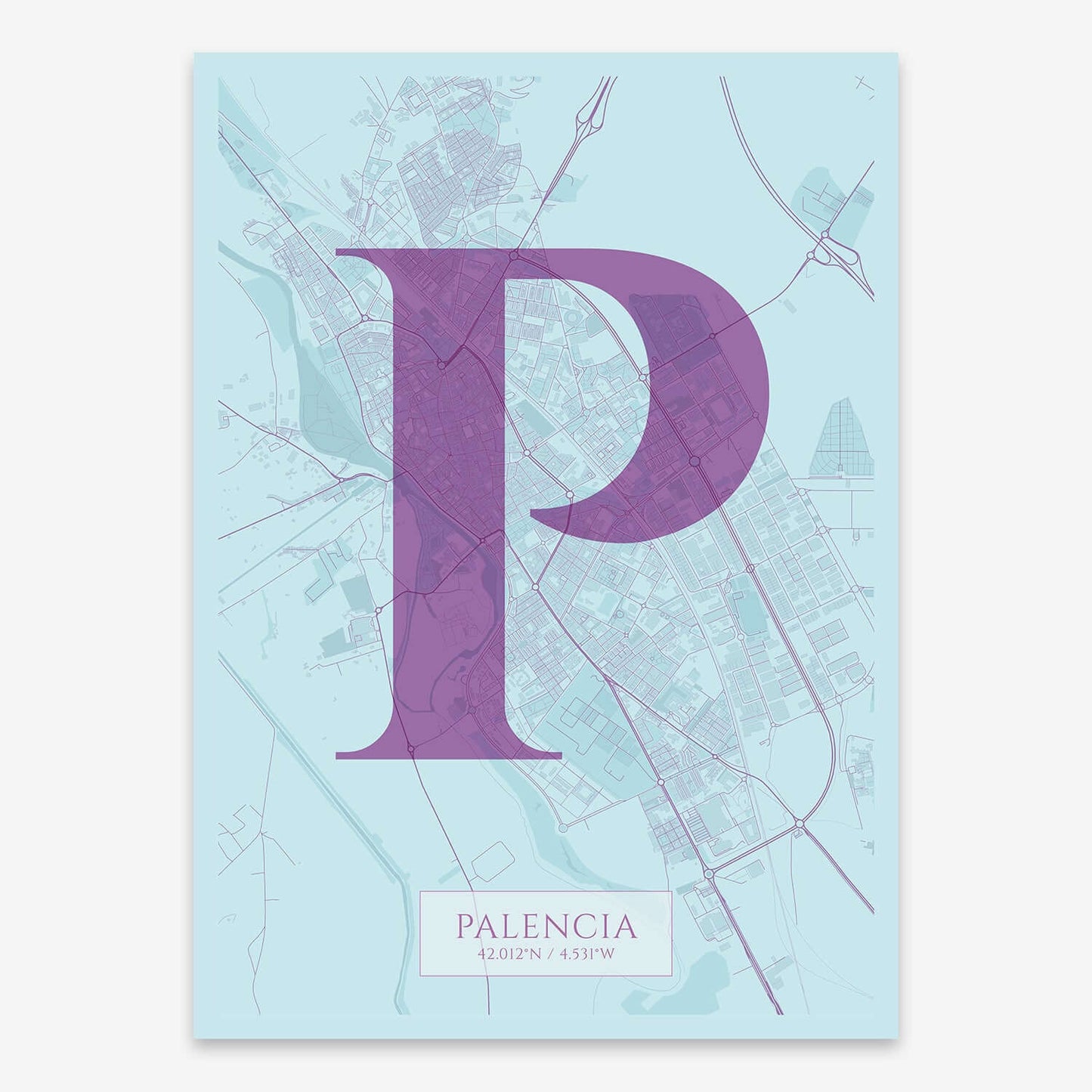The map of Palencia composed with letters in serif font printed on purple and light blue