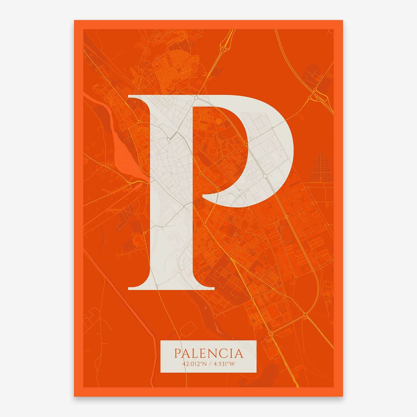 The map of Palencia composed with letters in serif font printed on orange and an off-white background