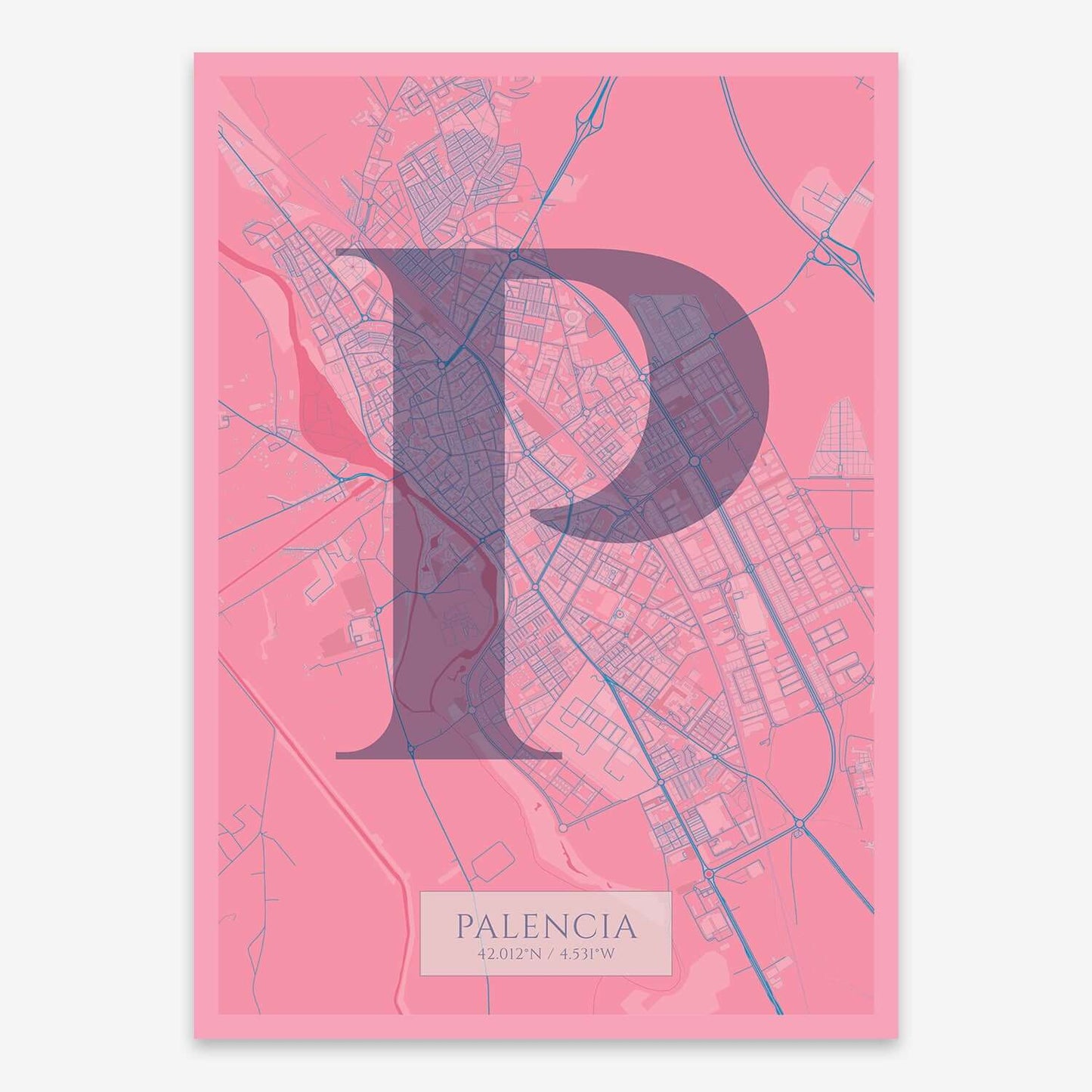 The map of Palencia composed with letters in serif font printed on violet y pink background