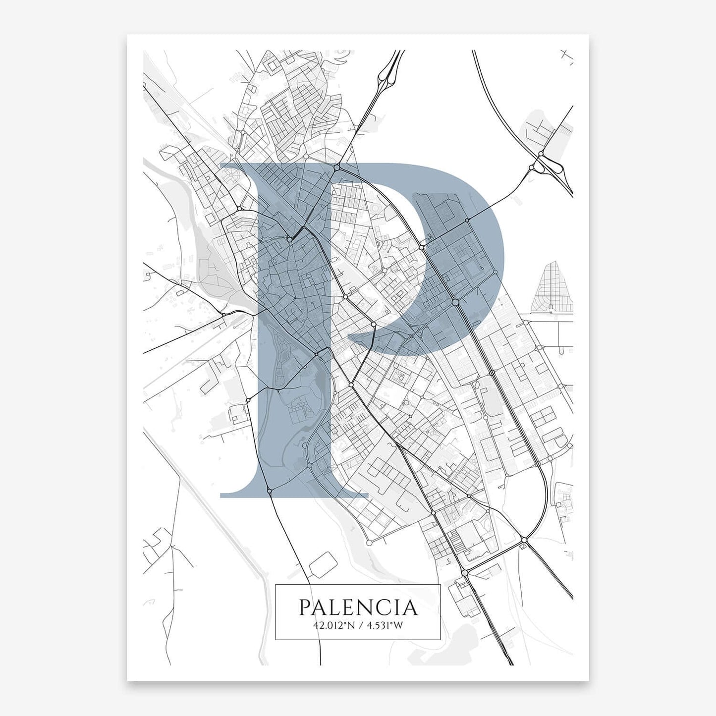 The map of Palencia composed with letters in serif font printed on black and white