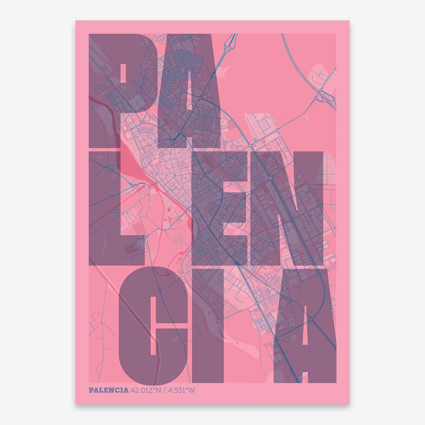 The map of Palencia with letters of its name placed randomly, designed in violet y pink background