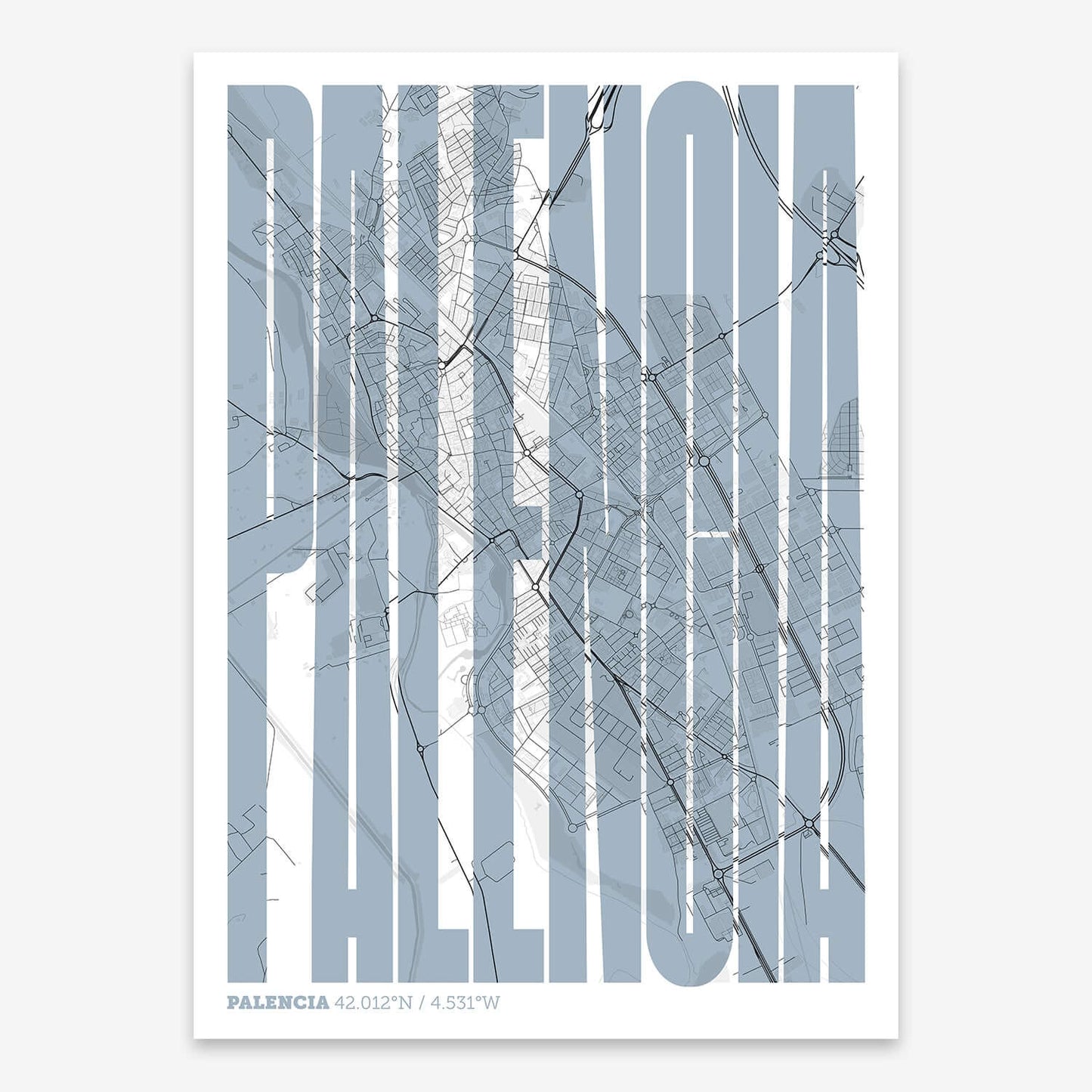 The map of Palencia and letters of its name in a giclée print designed in black and white